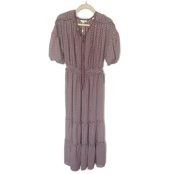 NWT Max Studio Geometric Print Tie Neck Crepe Cottagecore Boho Tier Maxi Dress S - Picture 2 of 12